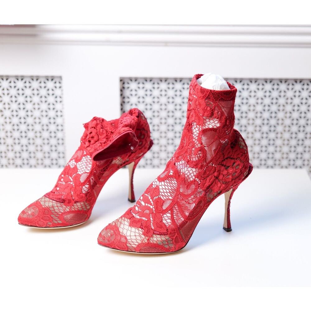 Dolce & Gabbana Red Stretch Lace Pattern High Heel Booties (IT39.5) RRP $950